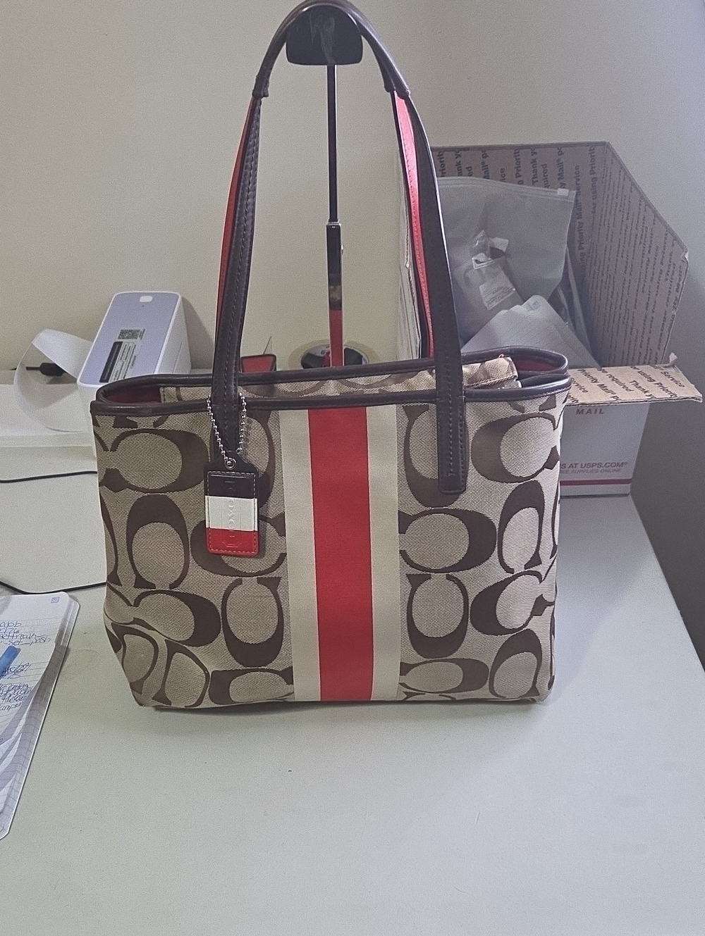 Coach Signature Hamptons Canvas Tote in Beige and Red Stripe